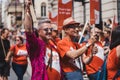 National AIDS trust with flags and banners celebrating London LGBTQ Pride Parade
