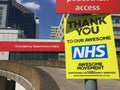 NHS Guys & St. Thomas Hospital London, during coronavirus lockdown thank you sign outside emergency ER department