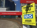 NHS Guys & St. Thomas Hospital London, during coronavirus lockdown thank you sign outside emergency ER department