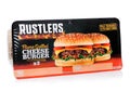 LONDON, UK - NOVEMBER 01, 2018: Pack of Rustlers Flame Grilled cheeseburger on white background. Royalty Free Stock Photo