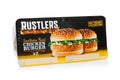 LONDON, UK - NOVEMBER 01, 2018: Pack of Rustlers Southern Fried checken burger on white background.