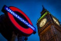 London, UK - October 11, 2016: Big Ben towering over the Underground sign  also known as The Tube at Westminster station at Royalty Free Stock Photo