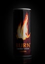 LONDON, UK - OCTOBER 20, 2017: Can of Burn Energy Drink Original on black. Burn energy is made for keeping eyes open and mind shar