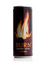 LONDON, UK - OCTOBER 20, 2017: Can of Burn Energy Drink Original on white. Burn energy is made for keeping eyes open and mind shar