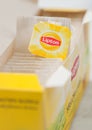 LONDON, UK - OCTOBER 21, 2020: Pack of Lipton Yellow Label tea bags of flavoured black tea on light. MAcro