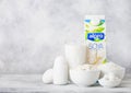 LONDON, UK - OCTOBER 07, 2018 : Plastic bottle of Alpro Soya milk, bowl of cottage cheese and baking flour and mozzarella. Eggs an