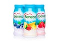 LONDON, UK - OCTOBER 20, 2018: Plastic bottles of Benecol lower cholesterol yogurt drink with fruits on white background. Product