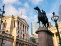 The Bank of England facade, statue of the Duke of Wellington.