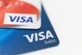 London / UK - October 9th 2019 - VISA logo on bank cards, closeup macro view with a shallow depth of field