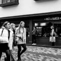 Three Young Girls Walking Past Pret A Manger Coffee Shop