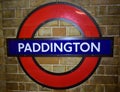 London tube sign on bricks. Paddington Station. London, United Kingdom. Royalty Free Stock Photo