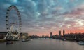London, UK panorama.London Eye, Big Ben ,Westminster Palace on River Thames at sunset Royalty Free Stock Photo