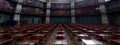 Panorama of the Octagon Library at Queen Mary, University of London in Mile End, East London, with colourful leather bound books