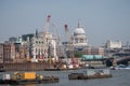 London UK. Panoramic vew of the iconic dome of St Paul`s Cathedral, the River Thames, cranes and buildings under construction Royalty Free Stock Photo