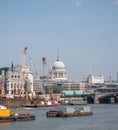 London UK. Panoramic view of the iconic dome of St Paul`s Cathedral, the River Thames, cranes and buildings under construction Royalty Free Stock Photo