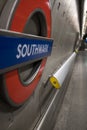 Platform at Southwark Underground Station, London showing station name in TFL roundel.