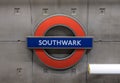 Platform at Southwark Underground Station, London showing station name in TFL roundel.