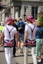 London, Uk- 3rd June 2022: Trooping the colour Platinum Jubilee for Queen Elizabeth, people dressed up in Union Jack flags and red Royalty Free Stock Photo