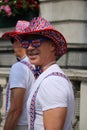 London, Uk- 3rd June 2022: Trooping the colour Platinum Jubilee for Queen Elizabeth, people dressed up in Union Jack flags and red Royalty Free Stock Photo