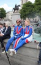 London, Uk- 3rd June 2022: Trooping the colour Platinum Jubilee for Queen Elizabeth, people dressed up in Union Jack flags and red Royalty Free Stock Photo