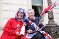 London, Uk- 3rd June 2022: Trooping the colour Platinum Jubilee for Queen Elizabeth, people dressed up in Union Jack flags and red Royalty Free Stock Photo