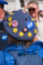 Pro-EU anti-Brexit supporter wearing blue beret at the National Rejoin March in London. Royalty Free Stock Photo