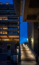 London, UK: Residential blocks with steps at night on the Barbican Estate in the City of London Royalty Free Stock Photo