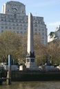 London, UK: the Savoy Hotel and and the obelisk from the river Thames