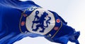 Close-up of Chelsea Football Club flag waving on a clear day