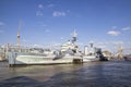 London cityscape across the River Thames with a view of HMS Belfast Warship Museum and Tower of