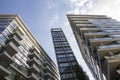 Looking up at London apartments and office buildings. London, England, UK, September 1, 2018 Royalty Free Stock Photo