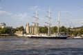 Lord Nelson sailing past the Tower of London on River Thames. London, England, UK, September 1,