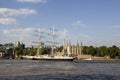 Lord Nelson sailing past the Tower of London on River Thames. London, England, UK, September 1,