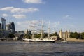 Lord Nelson sailing past the Tower of London on River Thames. London, England, UK, September 1,