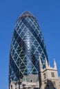 London, UK - September 02, 2018: 30 St Mary Axe aka The Gerkin skyscraper in the City of London