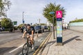 London, UK - September 14, 2023: A super cycle lane, CS8, Cycle Superhighway 8, information board stands tall above the