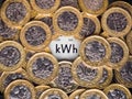 Electricity meter kWh symbol surrounded with one pound coins.
