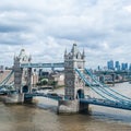 London, UK - Squared image of Tower Bridge, skyscrapers of Canary Wharf and the financial district Royalty Free Stock Photo