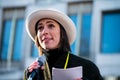 British actress Rebecca Hall speaking at the Women`s March rally in Trafalgar Square, London, UK.