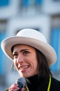 British actress Rebecca Hall speaking at the Women`s March rally in Trafalgar Square, London, UK.