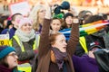 Woman holding up knitting needles and wool at the Women`s March rally in Trafalgar Square, London, UK.