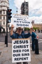 Street preacher outside the British Parliament stating Jeus Christ will return soon during the Black Lives Matters Protest at