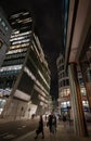 London, UK: Street scene on Camomile Street in the City of London at night Royalty Free Stock Photo
