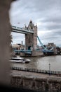 London, UK - 27th September 2020: London Tower Bridge on River Thames shot on a cold cloudy day from Tower of London