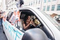 Van driver dancing behind the wheel in front of the Huge crowd of Black Lives Matters protesters heading to Parliament Square,