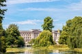 London UK View of Buckingham Palace viewed over lake in St James park with weeping willows and ducks on pretty summer