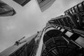 View looking upwards showing the Lloyds of London building on Lime Street, The `Cheesegrater`, at 122 Leadenhall, and The Gherkin Royalty Free Stock Photo