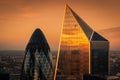 London, UK. 03-11-2018. View at London`s landmark buildings during sunset from Sky Garden Terraces. The Gherkin and The Diamond B