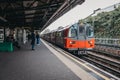 London Underground train arriving at an outdoor platform of Golders Green tube station, London, UK Royalty Free Stock Photo