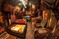 London, United Kingdom - April 01, 2007: Extreme wide angle fisheye photo - oriental rugs and carpets on display at one of